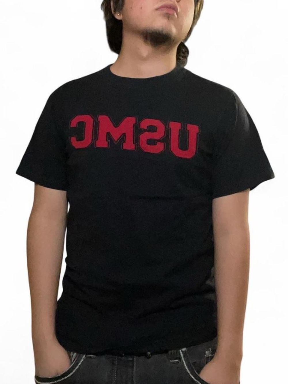 Vintage Anvil USMC‎ Patch Spellout Black T-Shirt Size Small